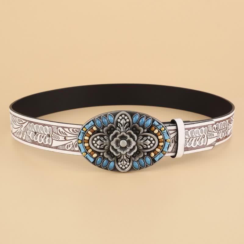 Women's Turquoise Stone Boho Floral Leather Belt - Image 3