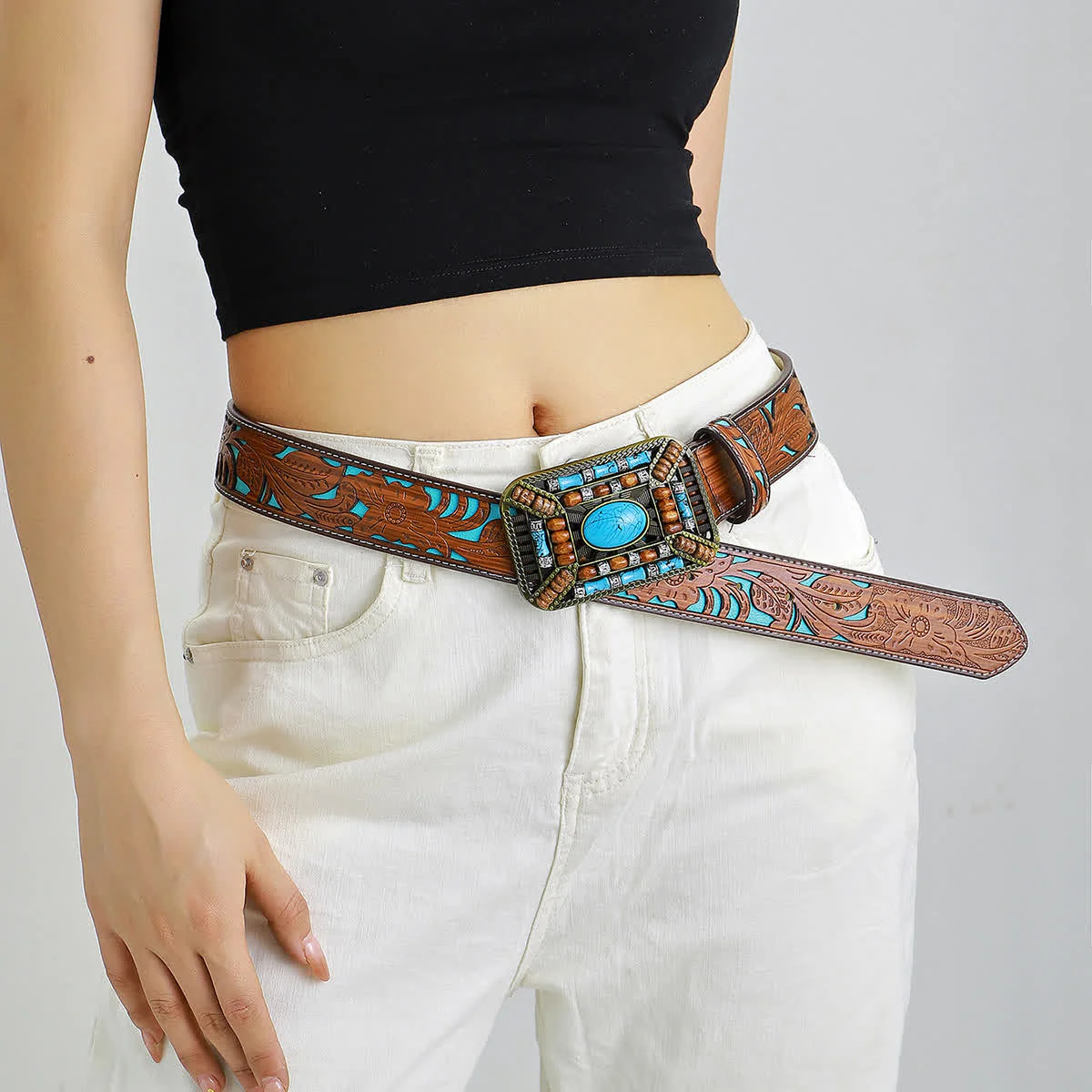 Women's Turquoise Wood Bead Buckle Engraved Leather Belt - Image 2