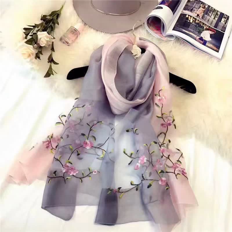 Women's Two Tone Hand-Embroidered Plant Floral Wool Silk Scarf - Image 6