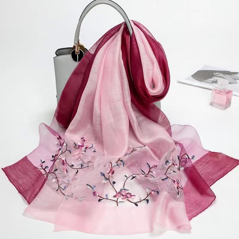 Women's Two Tone Hand-Embroidered Plant Floral Wool Silk Scarf - Image 8
