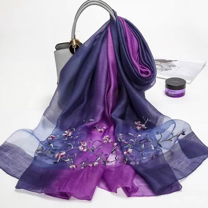 Women's Two Tone Hand-Embroidered Plant Floral Wool Silk Scarf - Image 9