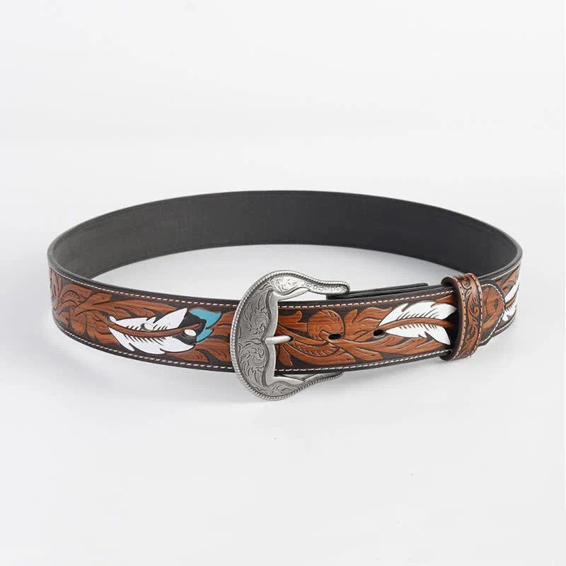 Women's Vintage Engraved Feather Printed Leather Belt