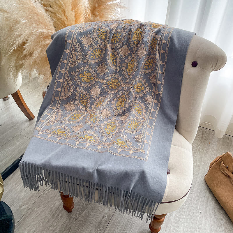 Women's Vintage Floral Pattern Fringed Shawl Scarf - Image 9