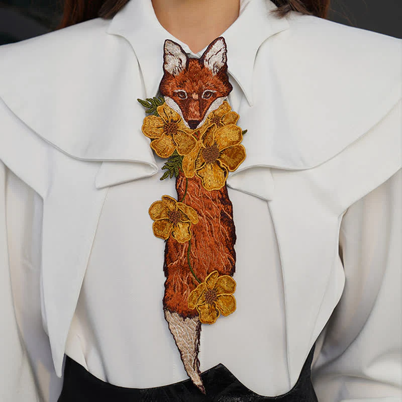 Women's Vintage Fox Flowers Embroidered Zipper Necktie - Image 4