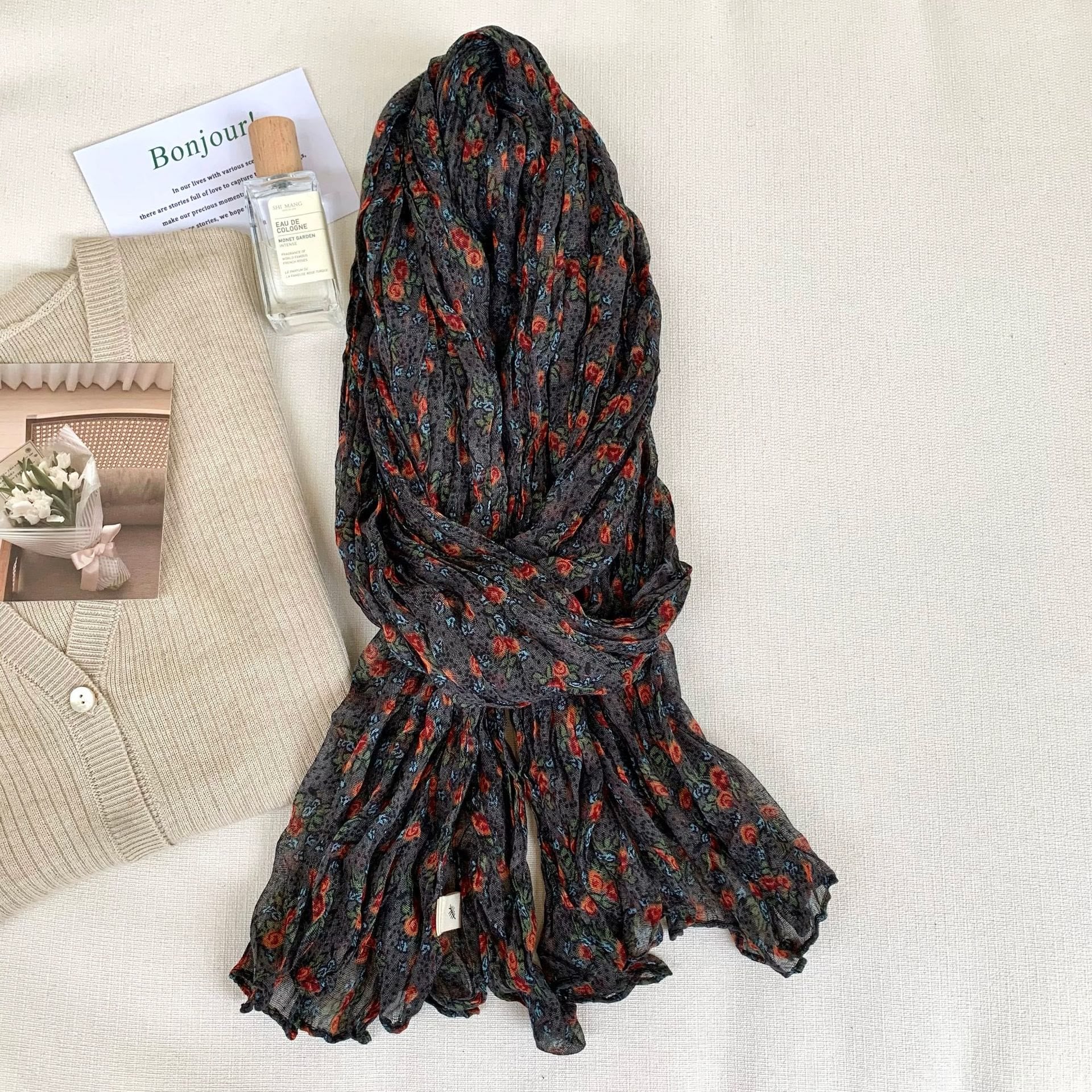Women's Vintage Pleated Floral Thin Soft Scarf - Image 10