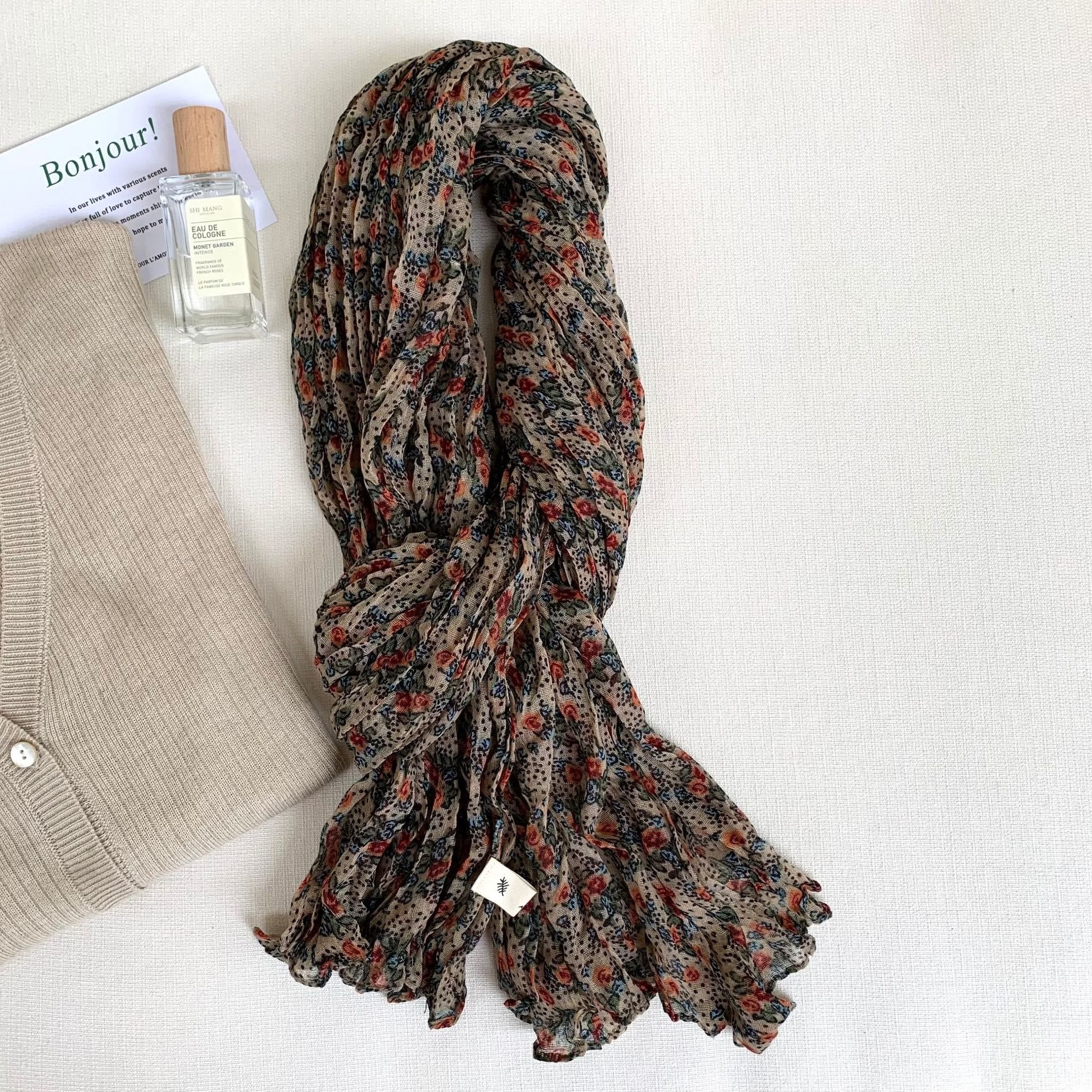 Women's Vintage Pleated Floral Thin Soft Scarf - Image 11