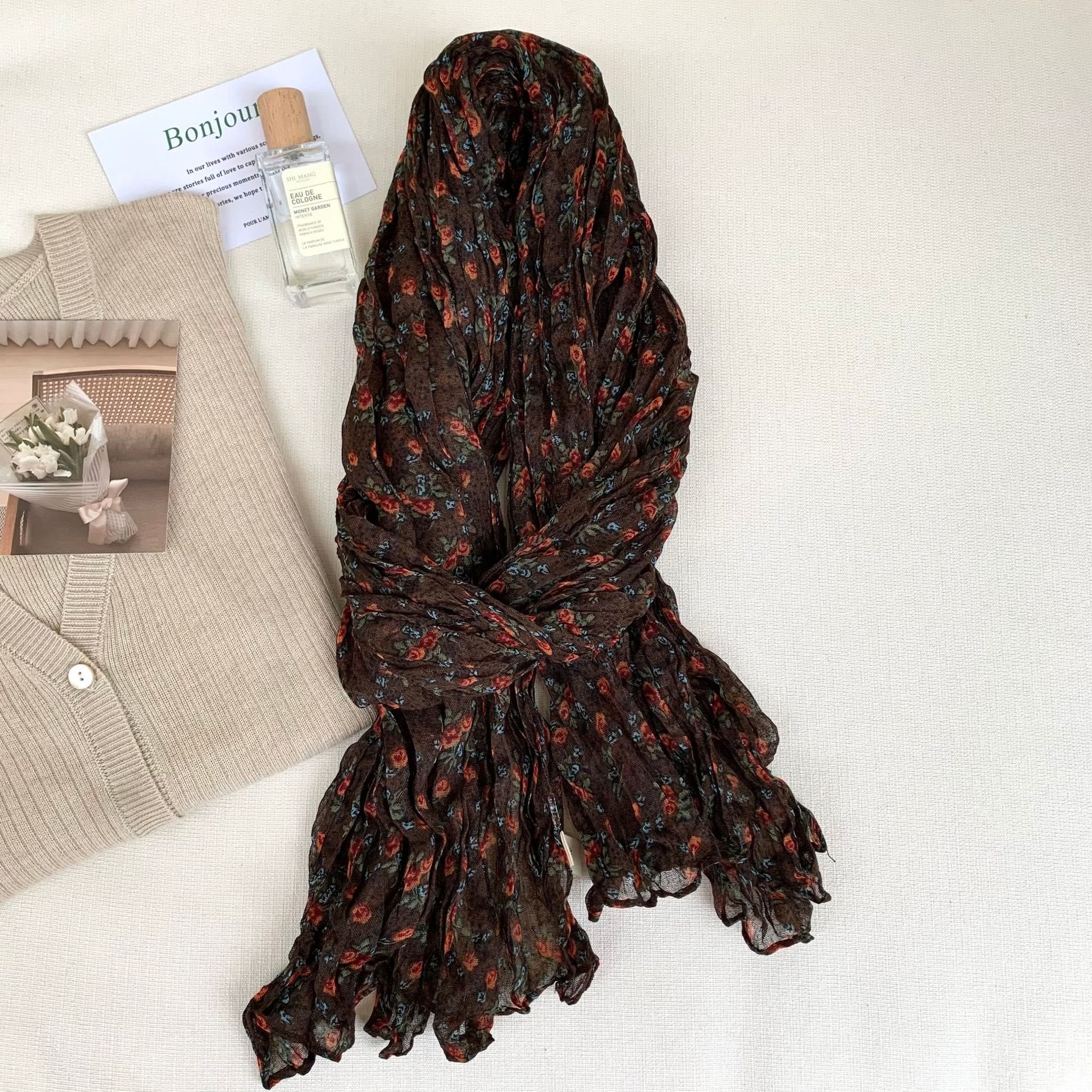 Women's Vintage Pleated Floral Thin Soft Scarf - Image 12