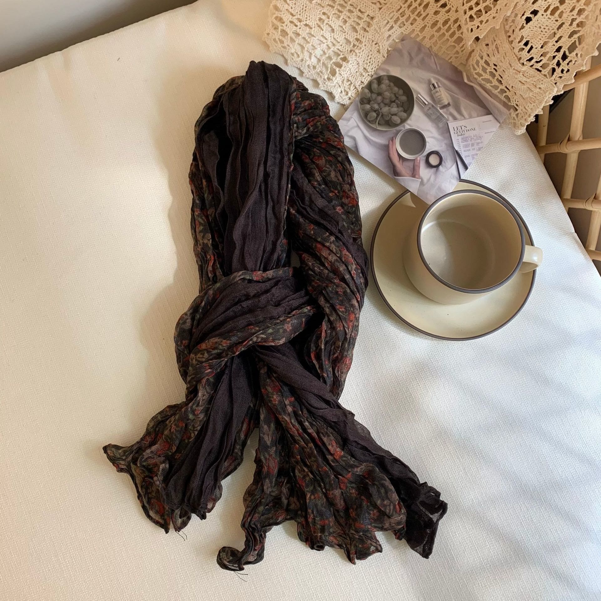Women's Vintage Pleated Floral Thin Soft Scarf - Image 13