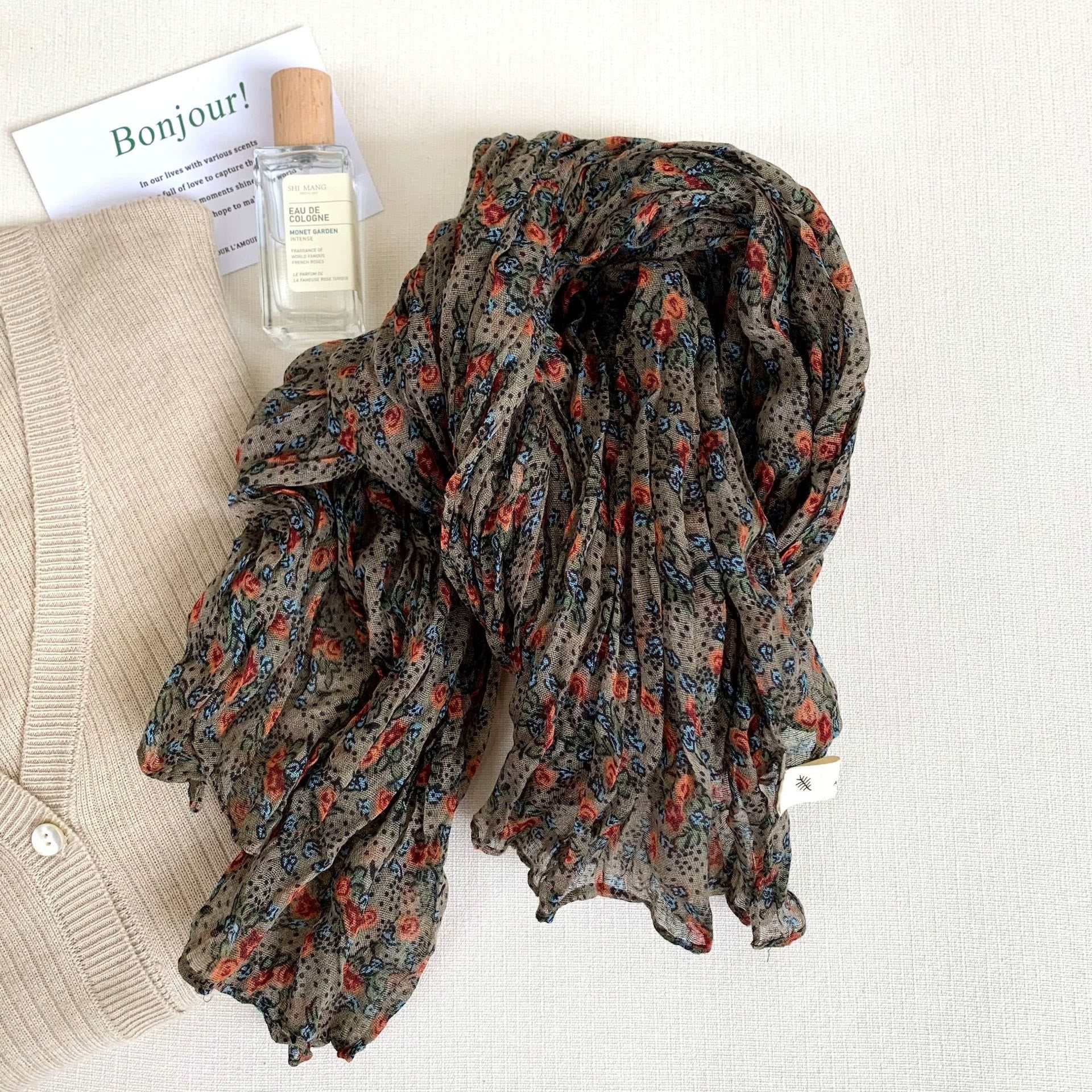 Women's Vintage Pleated Floral Thin Soft Scarf - Image 14