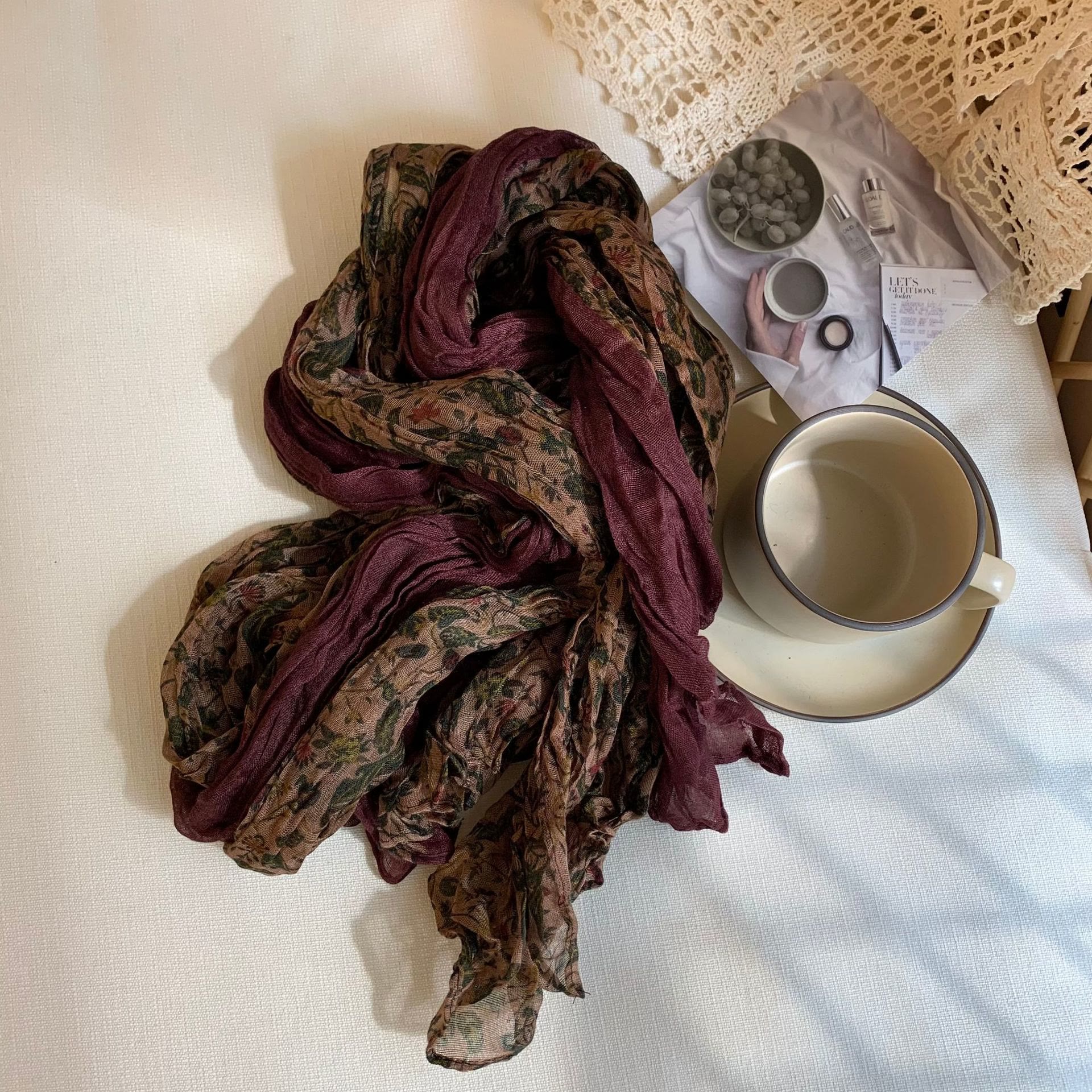 Women's Vintage Pleated Floral Thin Soft Scarf - Image 2