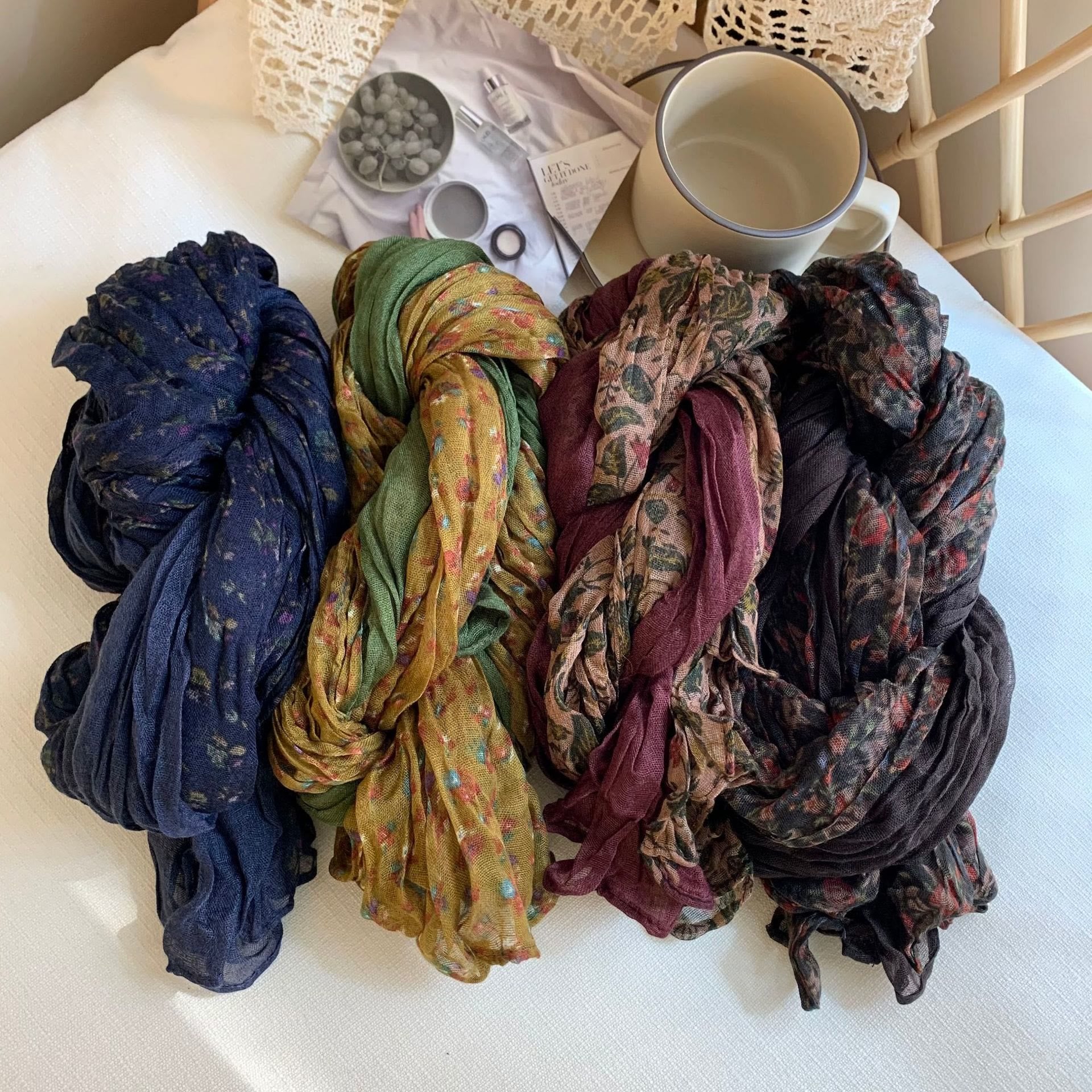 Women's Vintage Pleated Floral Thin Soft Scarf - Image 4