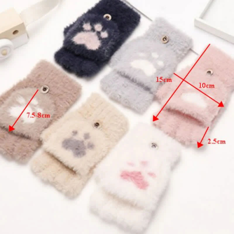 Women's Warm Cat Paw Print Mittens Fluffy Gloves - Image 4