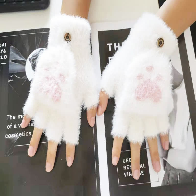Women's Warm Cat Paw Print Mittens Fluffy Gloves - Image 8