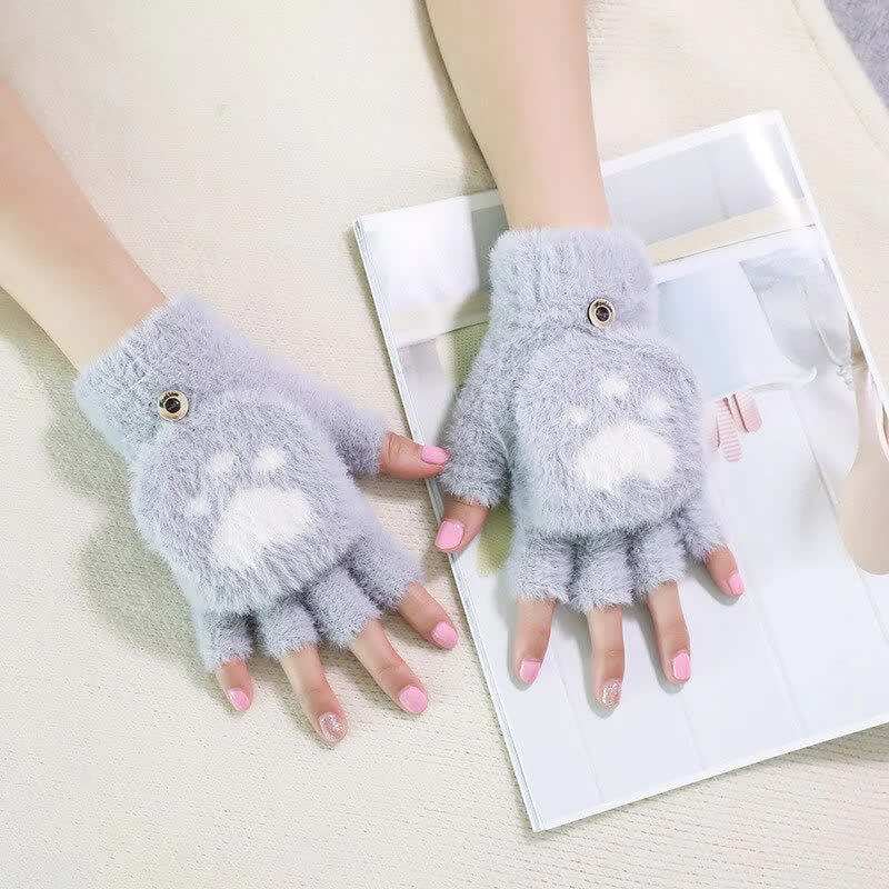 Women's Warm Cat Paw Print Mittens Fluffy Gloves - Image 2
