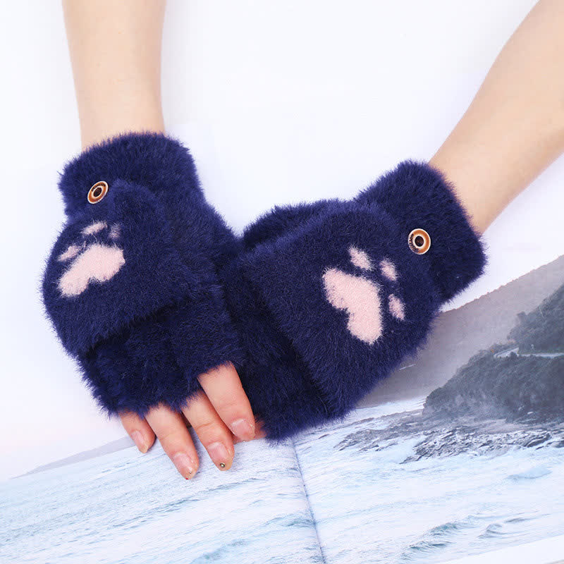 Women's Warm Cat Paw Print Mittens Fluffy Gloves - Image 5