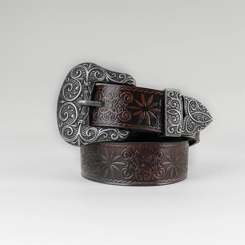 Women's Western Cowgirl Embossed Floral Brown Leather Belt - Image 2