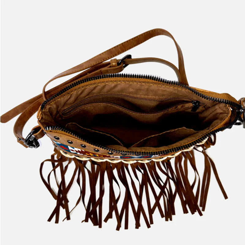 Women's Western Pattern Blue Aztec Fringe Crossbody Bag - Image 2