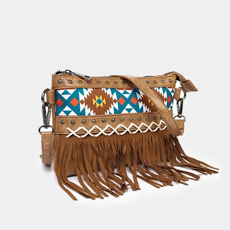Women's Western Pattern Blue Aztec Fringe Crossbody Bag - Image 3