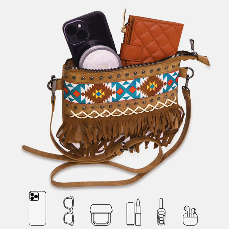Women's Western Pattern Blue Aztec Fringe Crossbody Bag - Image 5