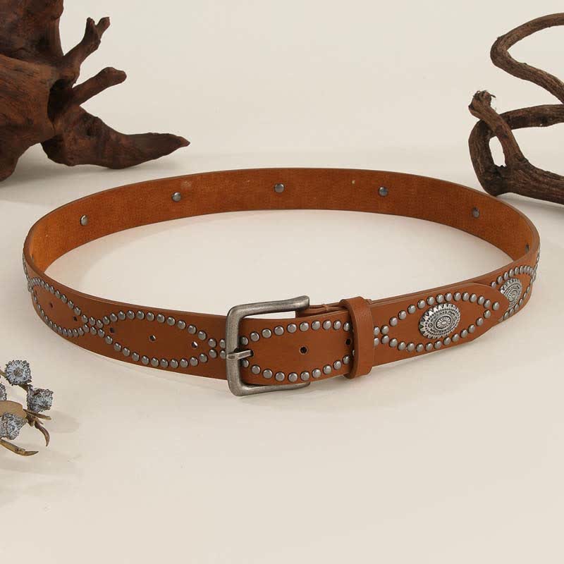 Women's Western Style Antique Silver Rivet Accents Leather Belt - Image 4