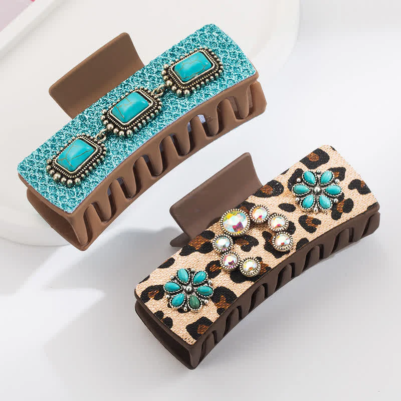 Women's Western Turquoise & Leopard Print Hair Claw Clip - Image 7