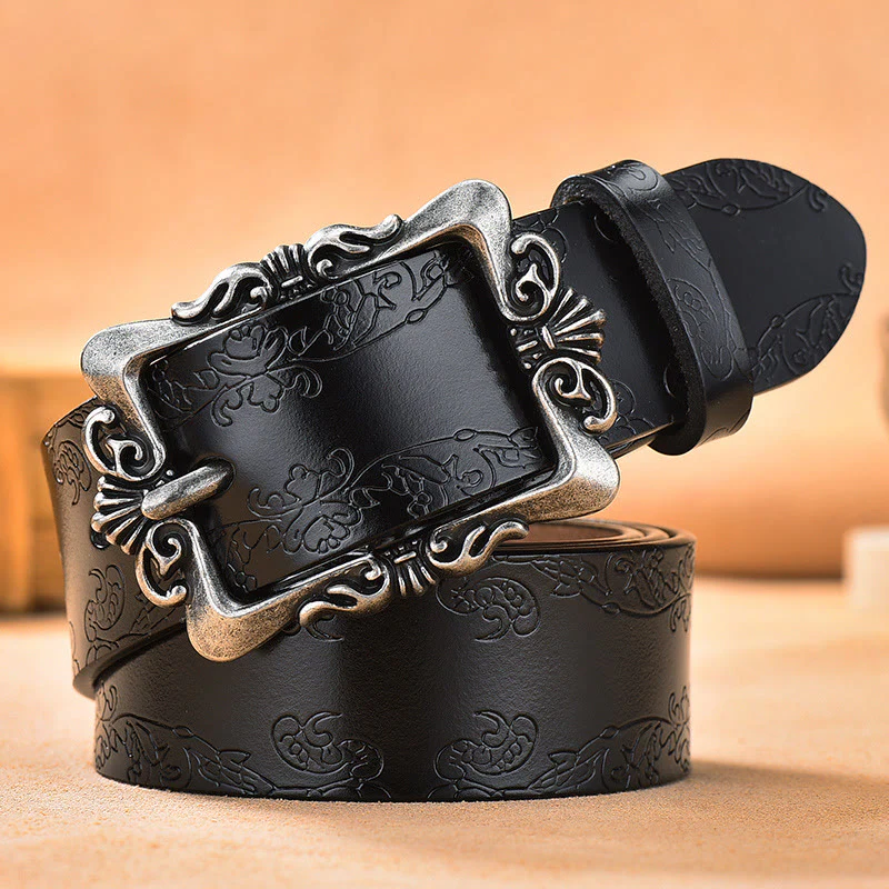 Women's Wide Buckle Floral Pattern Leather Belts - Image 11