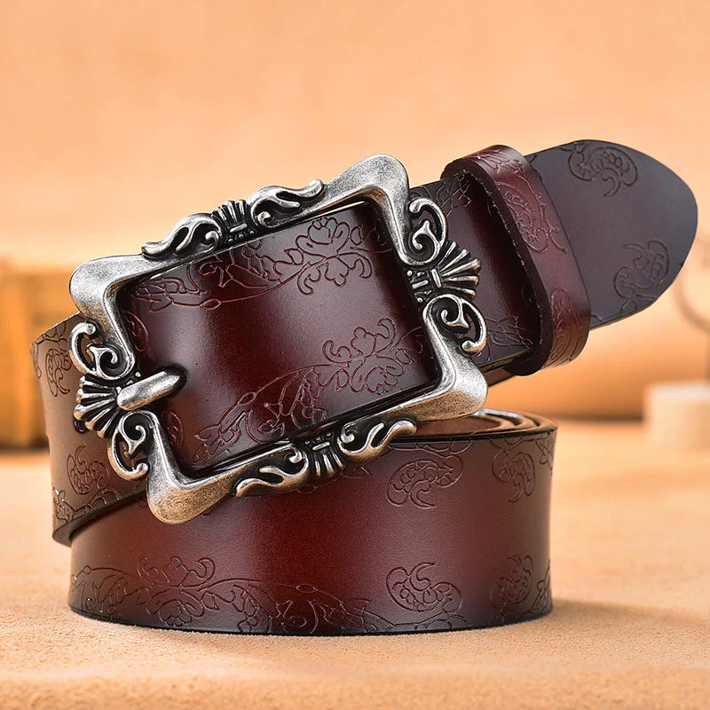 Women's Wide Buckle Floral Pattern Leather Belts - Image 12