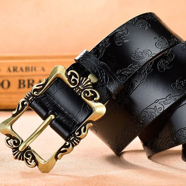 Women's Wide Buckle Floral Pattern Leather Belts - Image 2