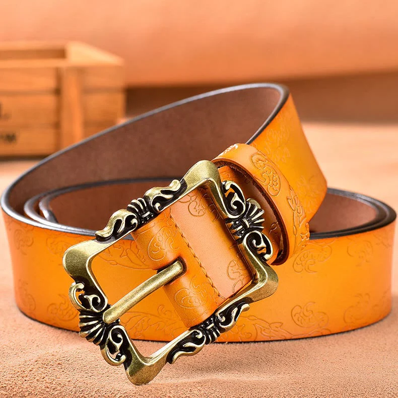 Women's Wide Buckle Floral Pattern Leather Belts - Image 3