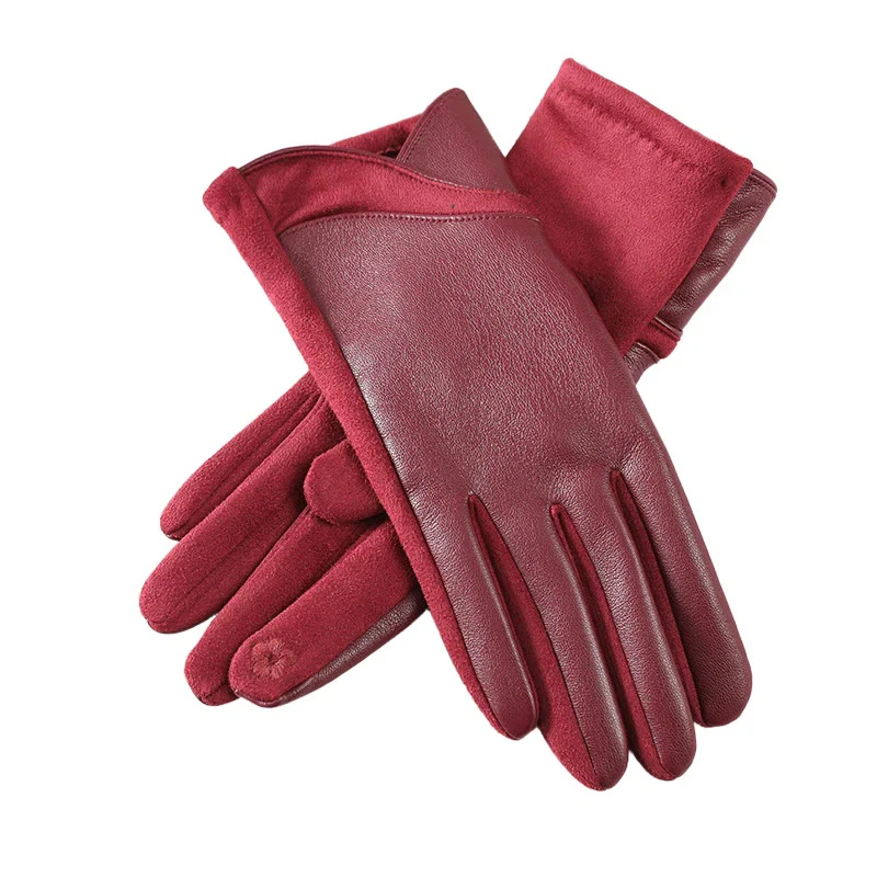 Women's Winter Keep Warm Splicing Design Leather Gloves - Image 3