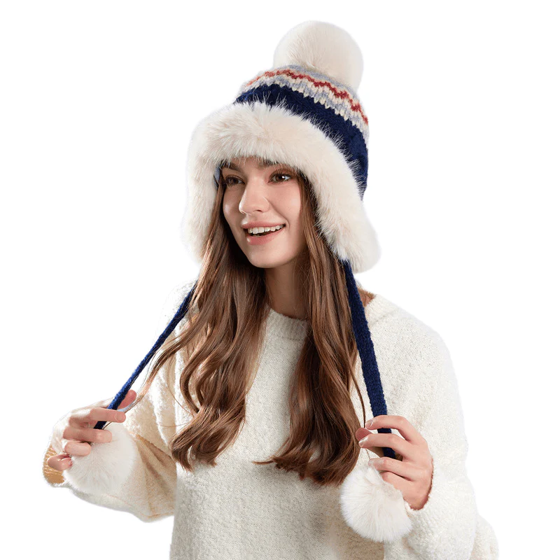 Women's Winter Knitted Textured Hat With Plush Balls - Image 3