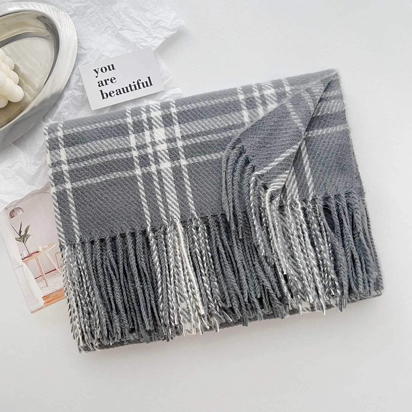 Women's Winter Plaid Fringe Warm Shawl Scarf - Image 10
