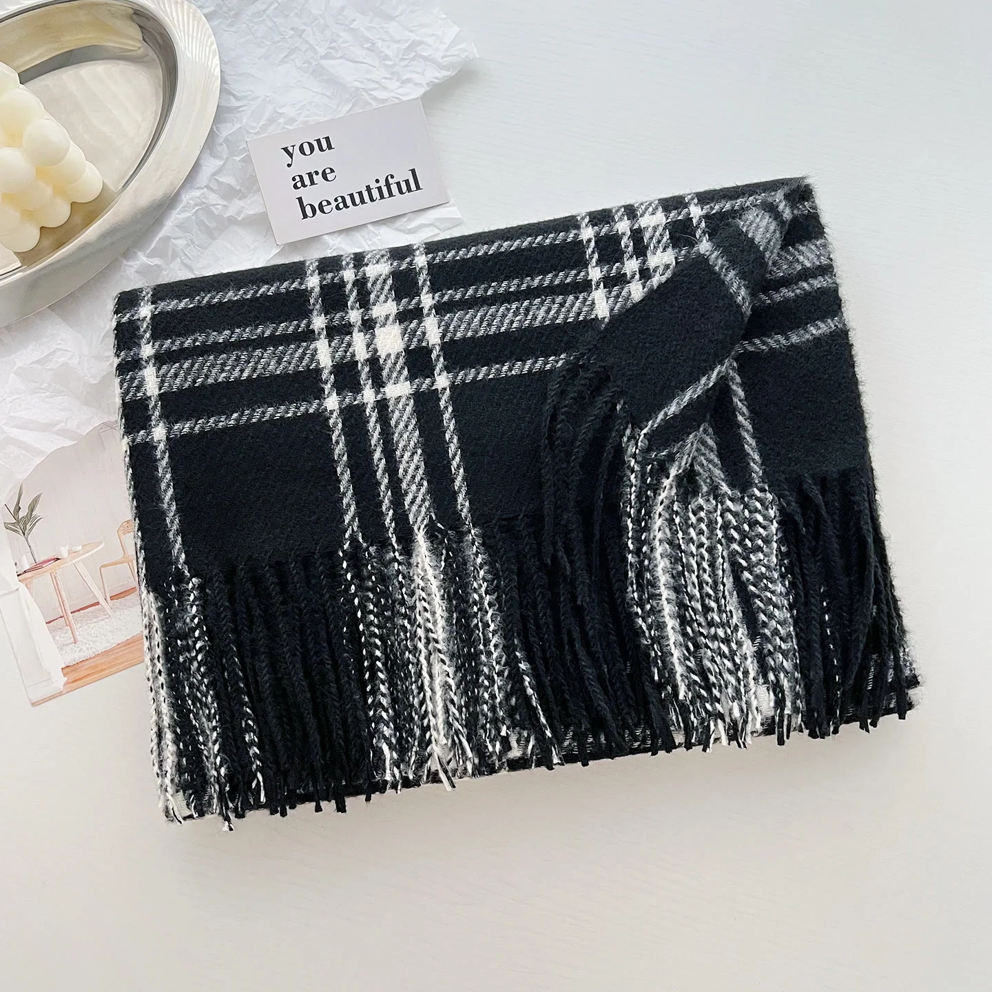 Women's Winter Plaid Fringe Warm Shawl Scarf - Image 11