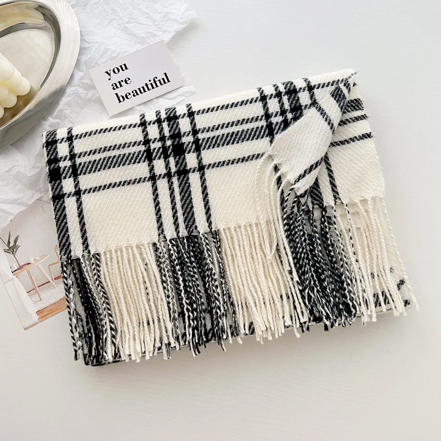 Women's Winter Plaid Fringe Warm Shawl Scarf - Image 2