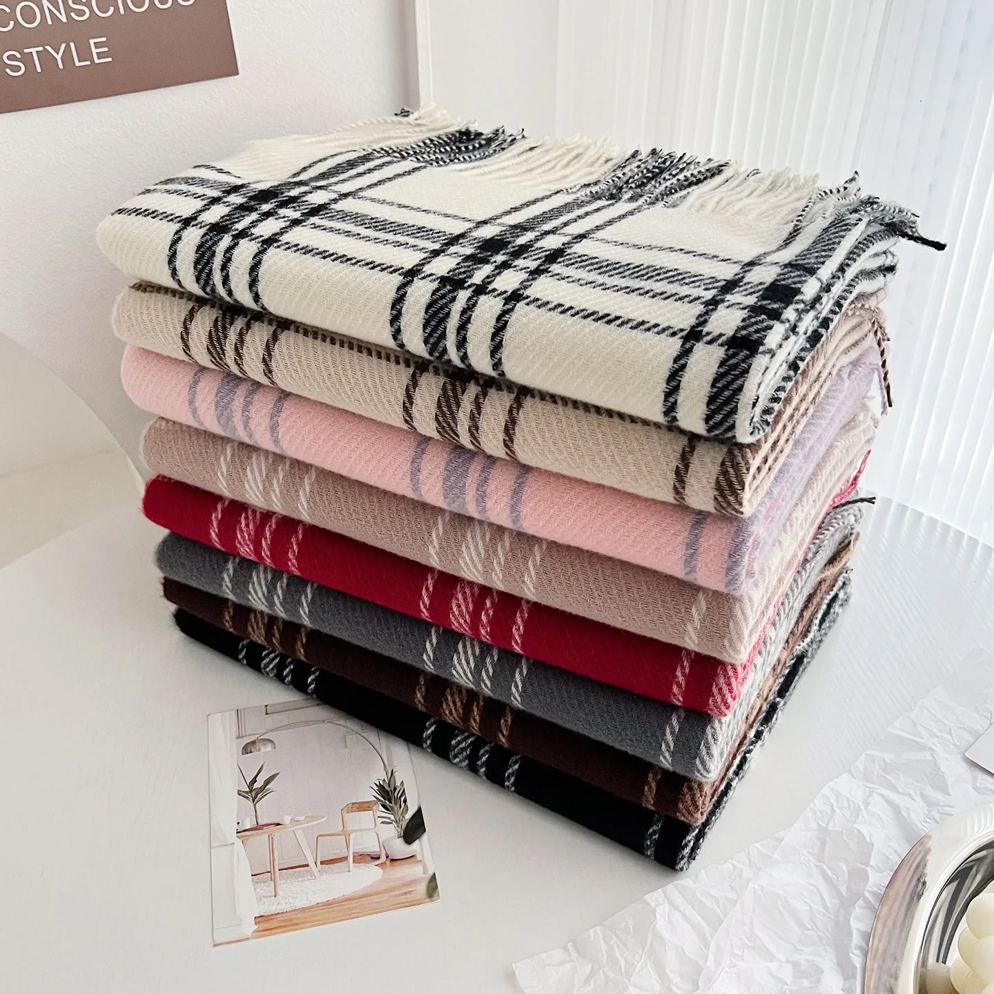 Women's Winter Plaid Fringe Warm Shawl Scarf - Image 4
