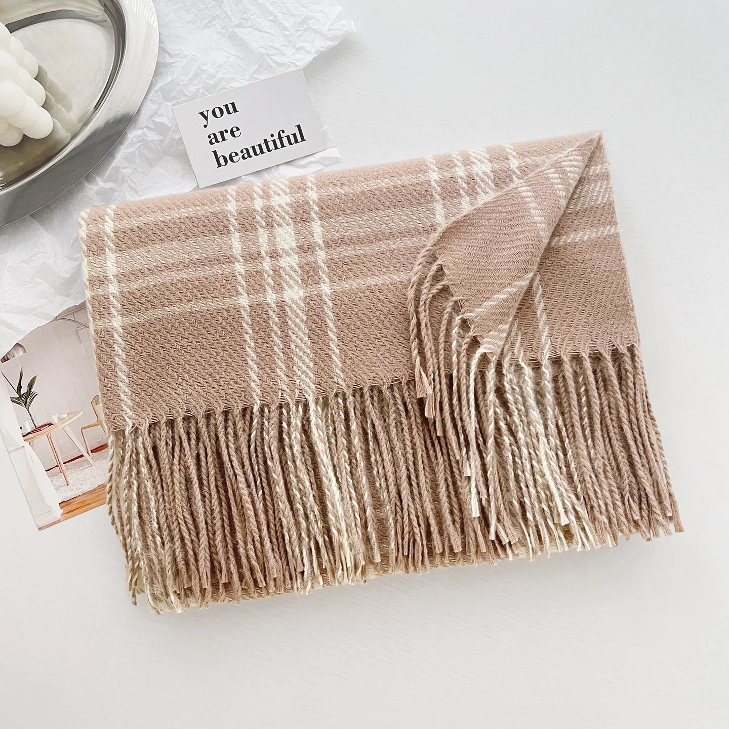 Women's Winter Plaid Fringe Warm Shawl Scarf - Image 5