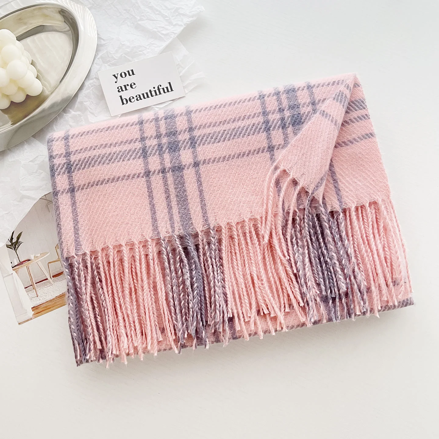 Women's Winter Plaid Fringe Warm Shawl Scarf - Image 6