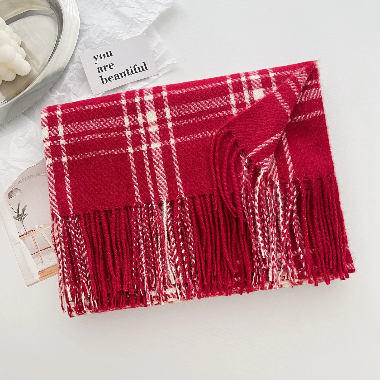 Women's Winter Plaid Fringe Warm Shawl Scarf - Image 7