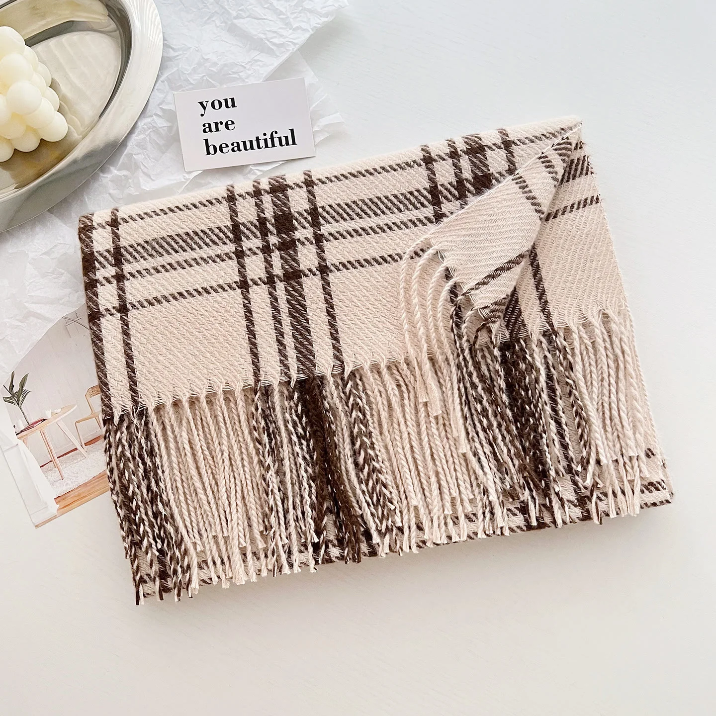 Women's Winter Plaid Fringe Warm Shawl Scarf - Image 8