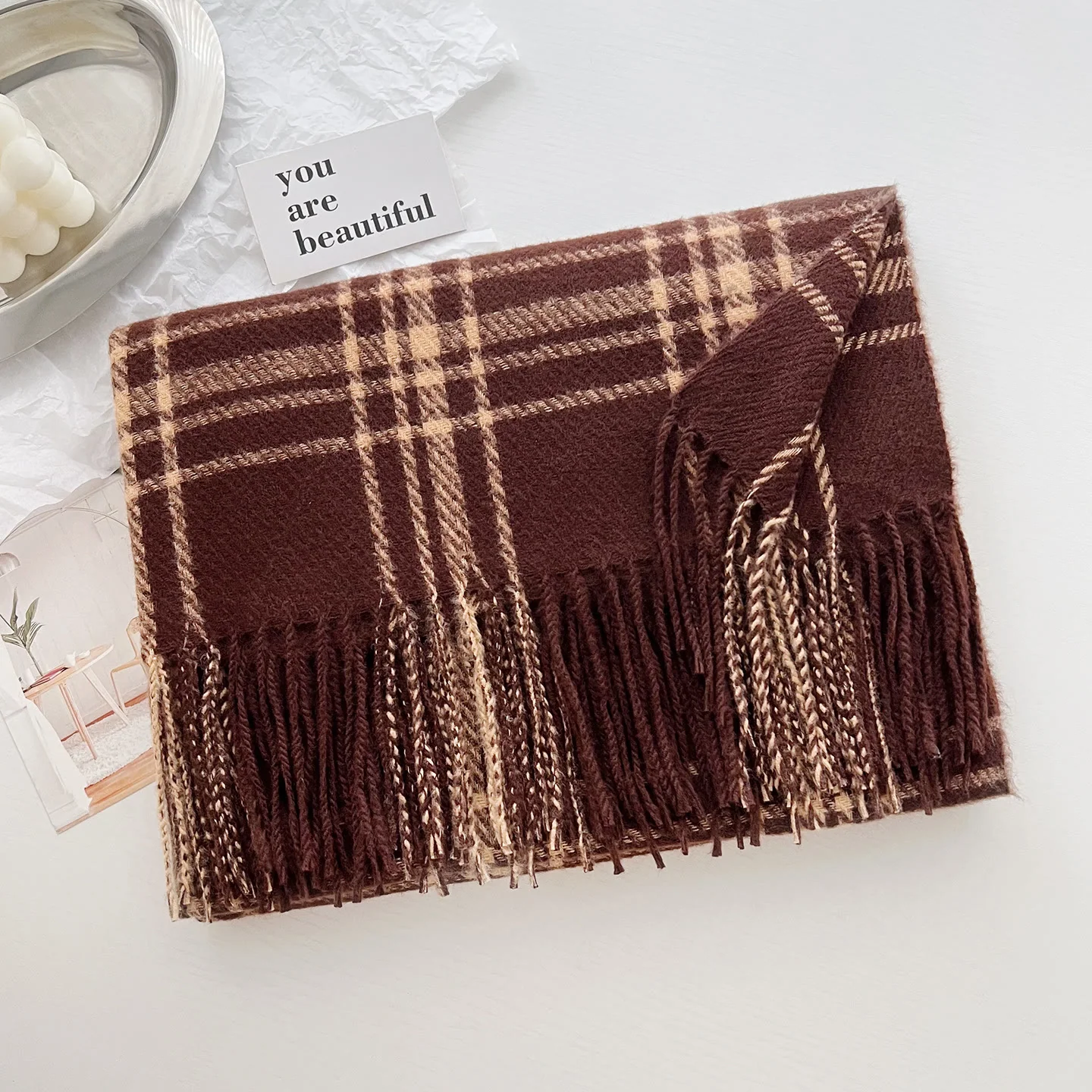 Women's Winter Plaid Fringe Warm Shawl Scarf - Image 9