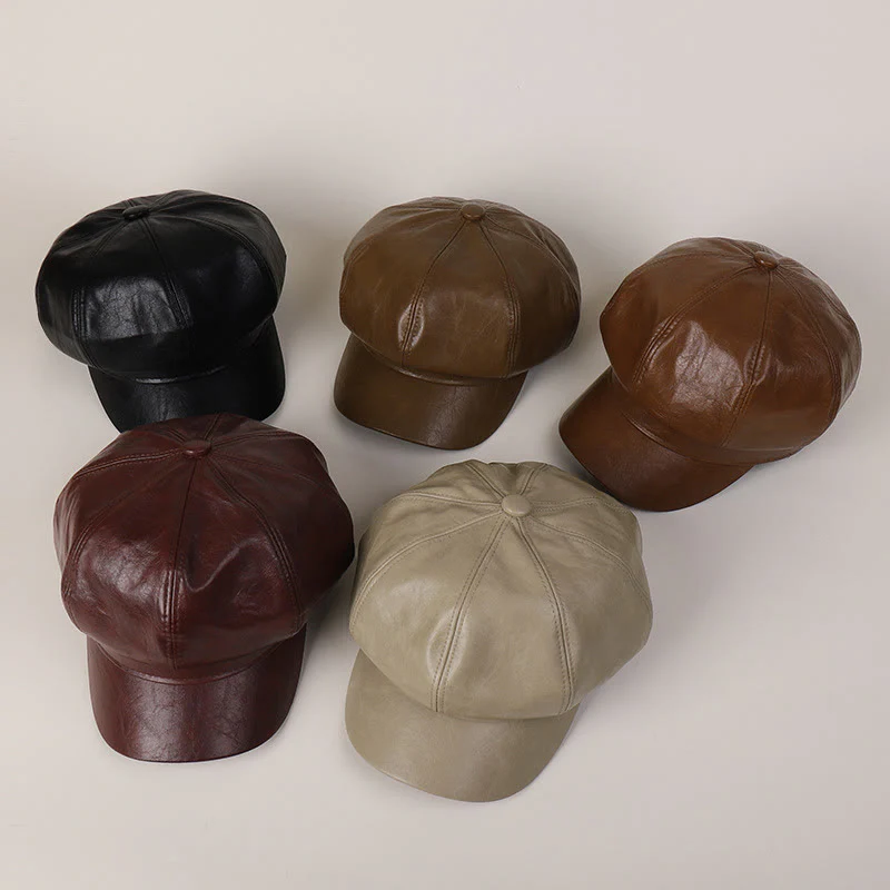 Women's Winter Retro Leather Beret Hat - Image 4