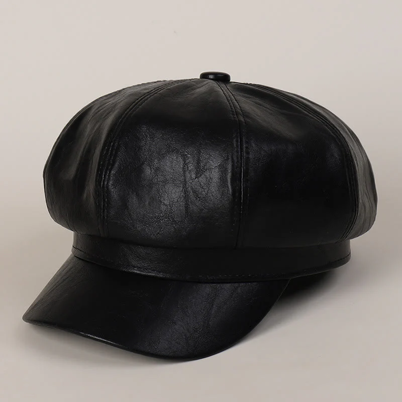 Women's Winter Retro Leather Beret Hat - Image 5