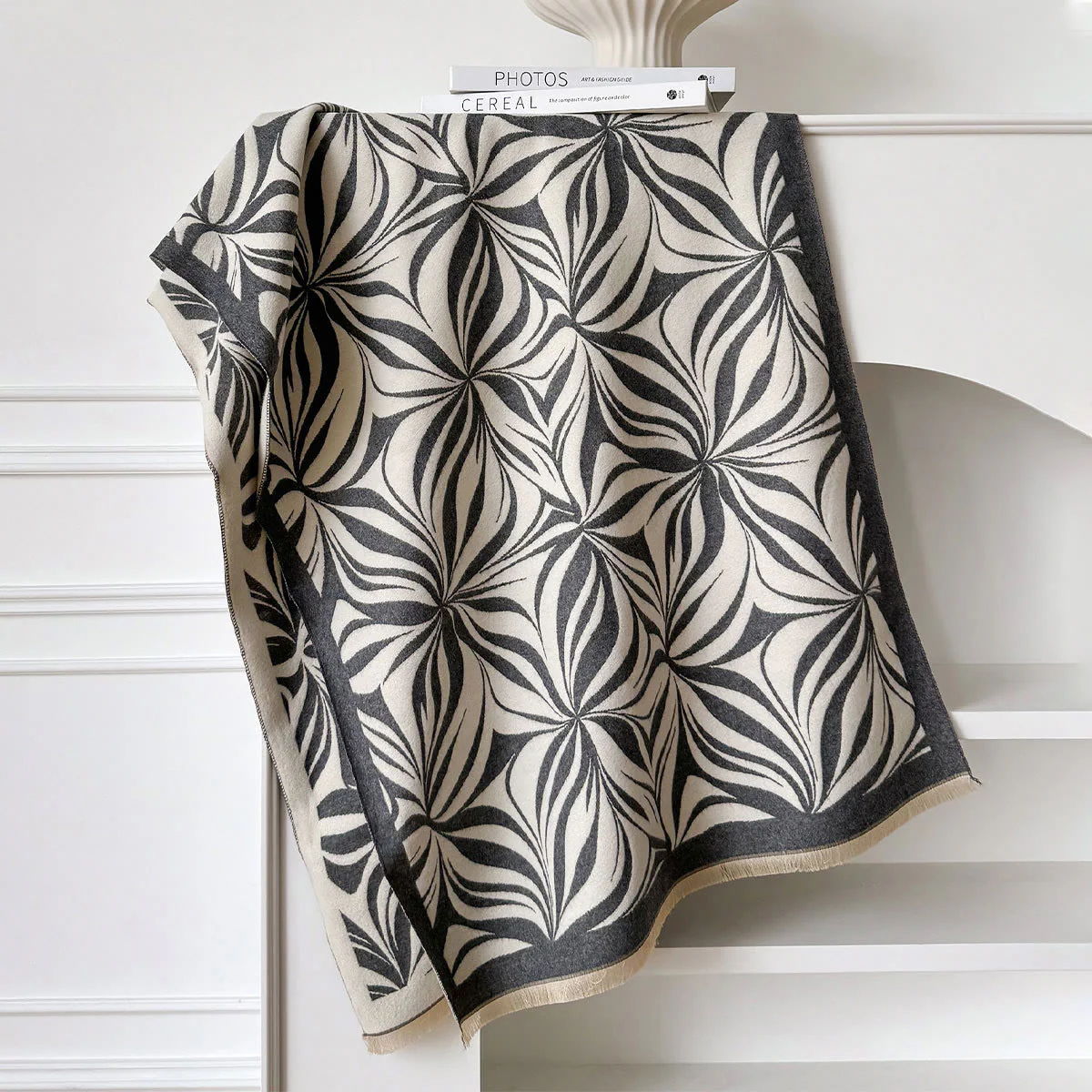 Women's Winter Stylish Leaf Pattern Black White Shawl Scarf - Image 4