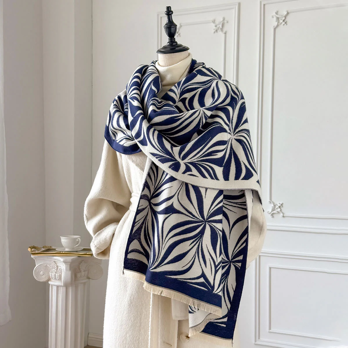 Women's Winter Stylish Leaf Pattern Black White Shawl Scarf - Image 5