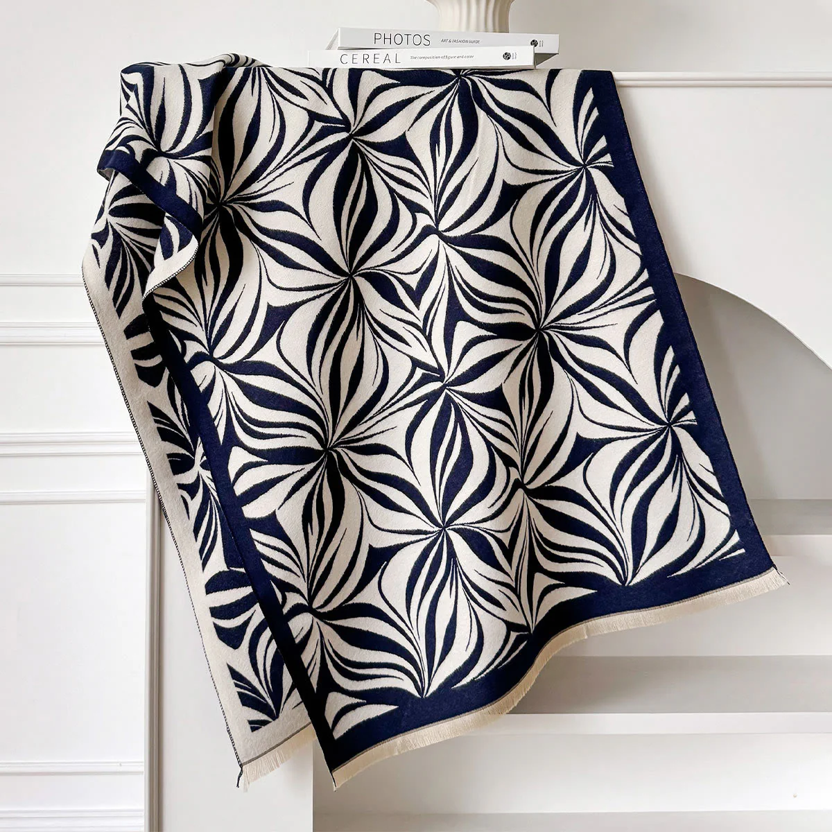 Women's Winter Stylish Leaf Pattern Black White Shawl Scarf - Image 6