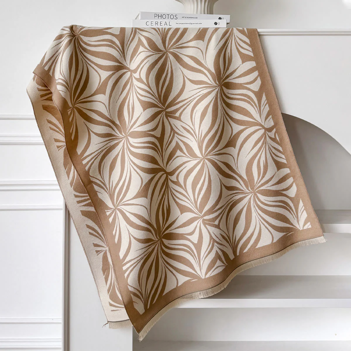 Women's Winter Stylish Leaf Pattern Black White Shawl Scarf - Image 7