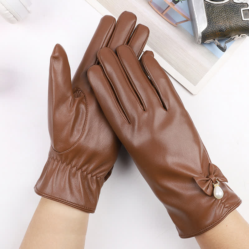Women's Winter Velvet Pearl Leather Gloves - Image 13