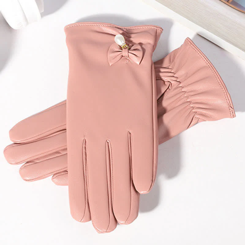 Women's Winter Velvet Pearl Leather Gloves - Image 8