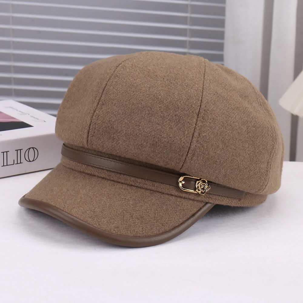 Women's Wool-Blend Leather Strap Rose Beret Hat