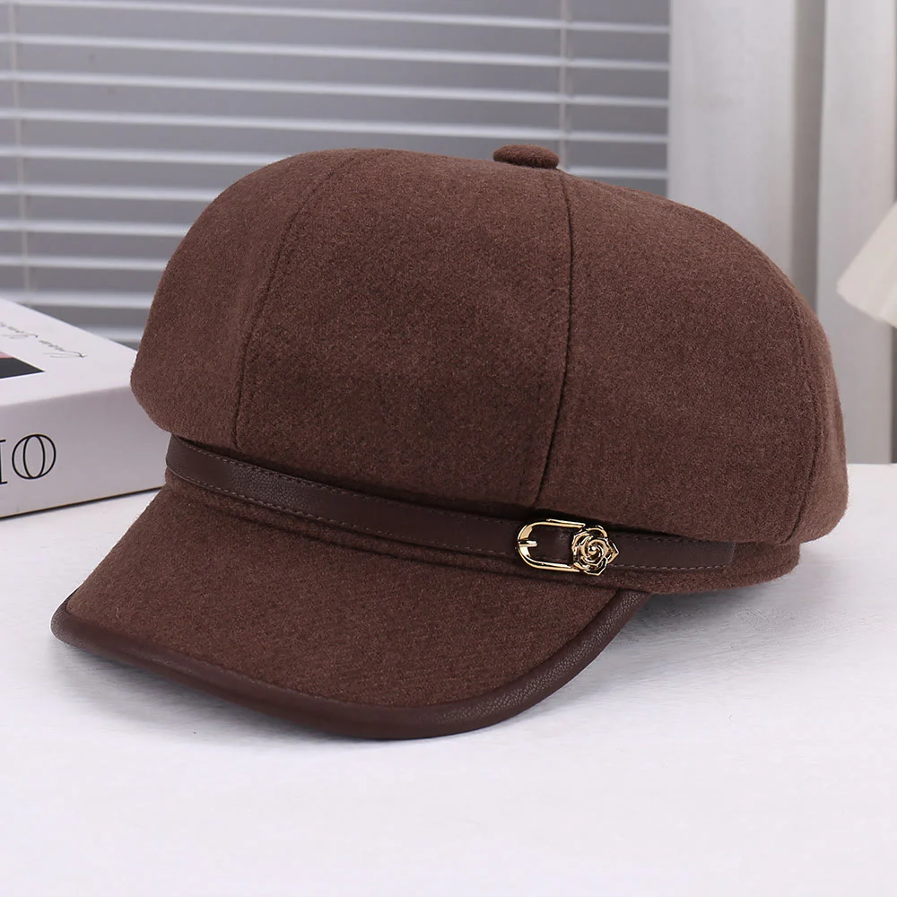 Women's Wool-Blend Leather Strap Rose Beret Hat - Image 4